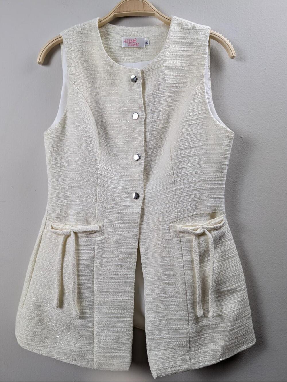 Simple Twist Vietnamese Fashion Peplum Girl Boss Holiday Sparkle Vest Cream M